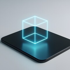Glowing neon cube rises from a black digital tablet screen