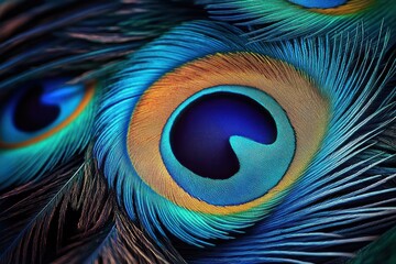 Obraz premium Close-up of vibrant blue, green, and gold peacock feathers with intricate patterns and fine delicate strands highlighting natural beauty