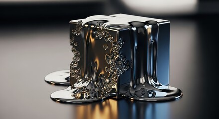 Solid metallic cube structure partially covered in flowing liquid metal substance