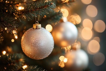 Close-up of glittering silver Christmas tree baubles hanging on green pine branches with warm glowing bokeh lights in the background evoking festive joy