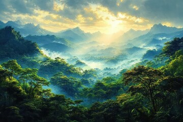 Sunlight breaking through clouds over misty tropical forest with dense green trees and distant mountain ranges under a dramatic sky