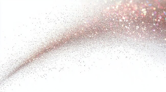 Delicate arching trail of fine sparkling glitter particles in rose gold and light pink hues on white background conveying lightness and elegance - Powered by Adobe