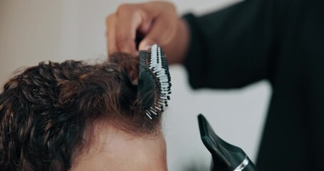 Hands, brush and hairdryer at salon, customer and tools for treatment, trim or grooming services, People, appliance and equipment for hairdresser, style or appointment for makeover at barber shop