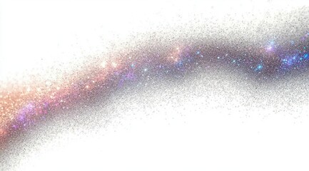 Abstract cosmic wave of tiny multicolored particles creating a flowing glittering galaxy-like pattern on a white background