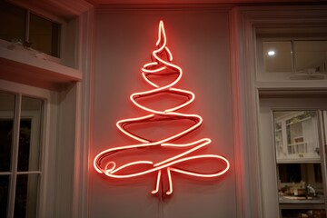Close-up of a luminous red neon Christmas tree with sleek metallic decorations, illuminated by soft ambient lighting, evoking a modern holiday spirit