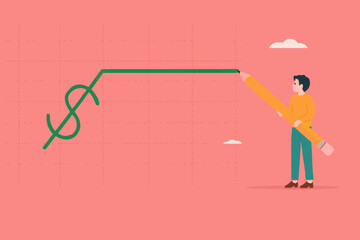 stock price rising up, business woman draws a graph of rising stock prices with a pencil concept vector illustration