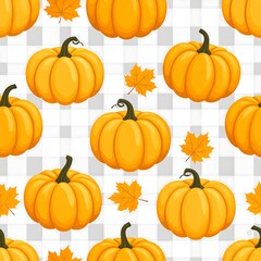 Seamless, cartoon illustration of pumpkins and maple leaves