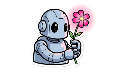 Friendly robot offering a glowing pink flower, spreading joy and positivity to the world