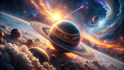 Obraz premium A Majestic Ringed Planet Dominates a Vibrant Cosmic Landscape Featuring Numerous Celestial Bodies and Swirling Nebulae