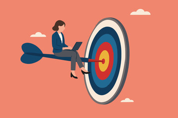 businesswoman working while sitting on a dart stuck in a target board. work on business objective. motivation to achieve goal. focus on business, business objective and strategy concept