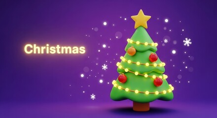 A christmas scene with a cartoon tree, ornaments, lights, and snowflakes on a purple background