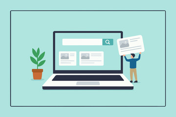 website development, create an online business site, build landing page homepage layouts for business growth, businesswoman bring web banner icons to build online site on computer laptop screen