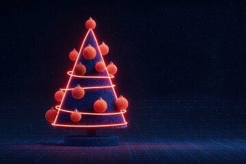 A vibrant red neon Christmas tree adorned with glowing ornaments, set against a dark, tech-inspired background, creating a festive yet futuristic atmosphere