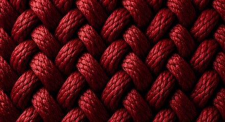 A detailed macro photograph of a tightly woven, deep red braided rope texture.