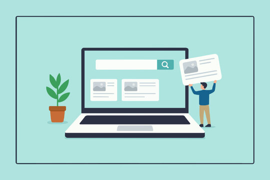 website development, create an online business site, build landing page homepage layouts for business growth, businesswoman bring web banner icons to build online site on computer laptop screen