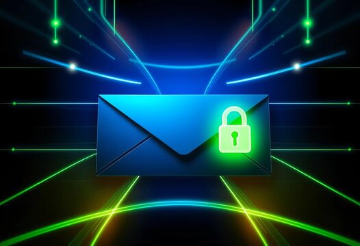 Abstract dark blue and green security envelope background with glowing lines,  internet,  technology