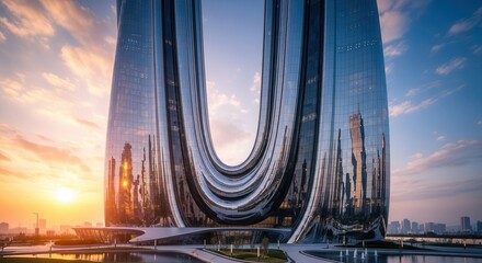 Towering contemporary skyscrapers display unique curved architecture against a vibrant sunset sky