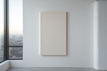Empty white wall with blank canvas hanging and large window showing cityscape in modern bright room