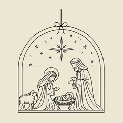 Vector illustration of linear Nativity scene with Mary, Joseph, Baby Jesus and lamb under Bethlehem star. Concept of religious Christmas celebration