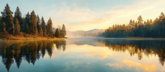 Calm lake at sunrise surrounded by pine trees with mist and clear reflections on the water creating a peaceful and serene atmosphere