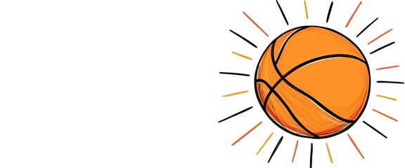 Whimsical hand-drawn basketball with dribbling lines and starburst effect,  hand-drawn,  sport