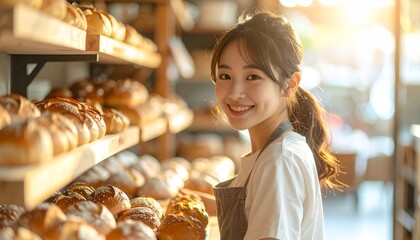 焼きたてパンに囲まれたベーカリーの店員|温もり・食・背景・教育に使える高解像度イメージ