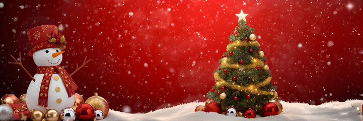 simple red background with christmas tree and snowman 