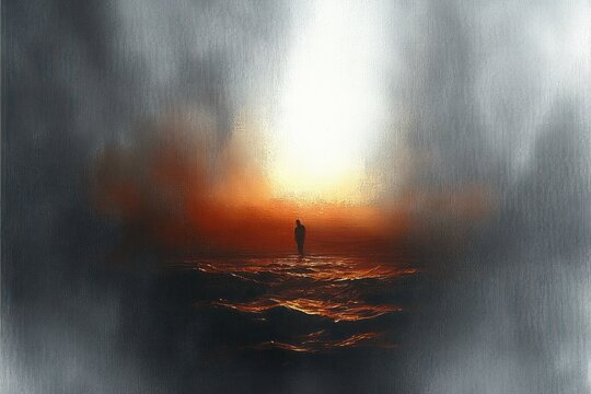 silhouetted figure standing alone on turbulent water under a dramatic glowing sunset with dark clouds surrounding