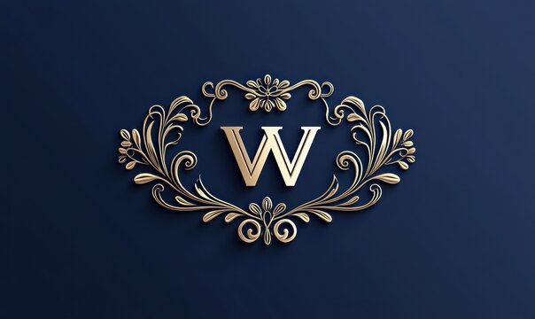 Elegant gold ornamental design with decorative floral motifs framing a gold letter on a dark blue background conveying luxury and sophistication