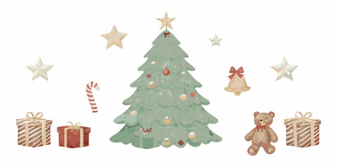 Watercolor christmas tree with gifts and decorations on white background