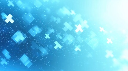 Abstract digital background with glowing blue plus signs and squares floating on a gradient blue luminous surface