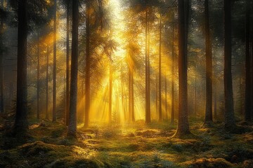 Obraz premium Sunlight streaming through tall trees in a dense forest illuminating the moss-covered forest floor with golden rays creating a serene and magical atmosphere