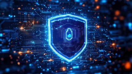 Glowing blue digital shield with padlock symbol representing cybersecurity protection on a futuristic circuit board background with orange light dots