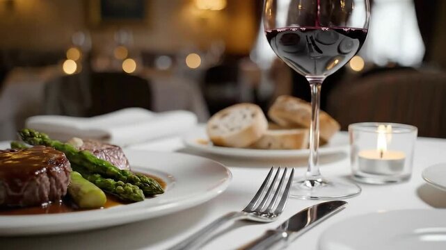 Elegant Steak Dinner Asparagus Red Wine Luxury Restaurant Ambiance