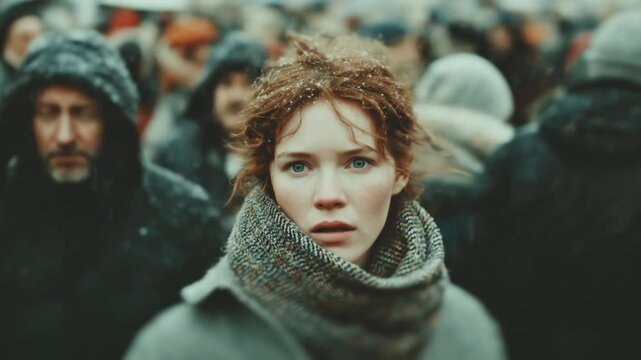 Portrait of a woman in a crowd with a concerned expression