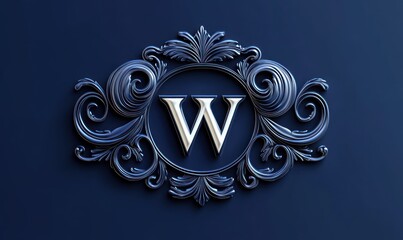 elegant metallic letter w emblem with intricate ornamental scrollwork on dark blue background conveying sophistication and classic style