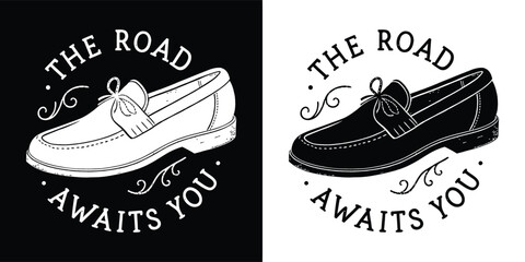 Vintage loafer shoe with text the road awaits you, representing journey, adventure, and future possibilities