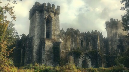 Ancient stone castle ruins with tall fortified towers surrounded by greenery under cloudy sky evoking mysterious and historical atmosphere