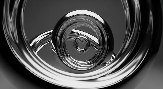 Abstract chrome spiral forms create a mesmerizing three dimensional composition.