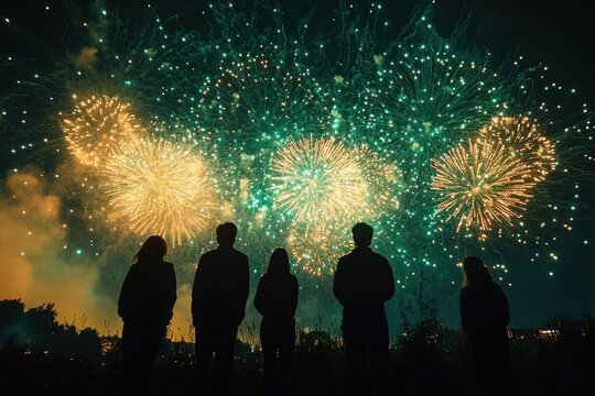 Five people silhouetted against a night sky filled with bright green and yellow fireworks bursting in celebration, creating a festive and awe-inspiring atmosphere