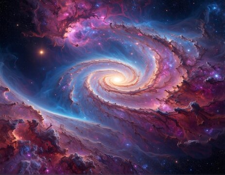 A vibrant cosmic spiral galaxy swirling with nebulae in blues, purples, and oranges, speckled with shining stars