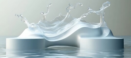 Abstract water splash forming dynamic fluid shapes over white circular platforms reflecting on calm water surface under soft light