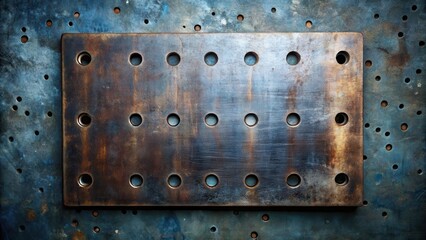 Rustic Metal Plate with Circular Holes on a Textured Background, Ideal for Industrial Design Projects