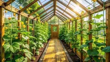 Sunlit Greenhouse Pathway with Vibrant Green Plants and Yellow Blossoms