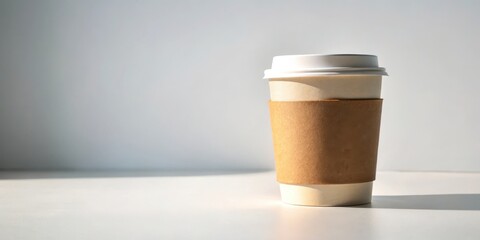 A disposable cup with a lid and sleeve sits on a bright surface bathed in sunlight