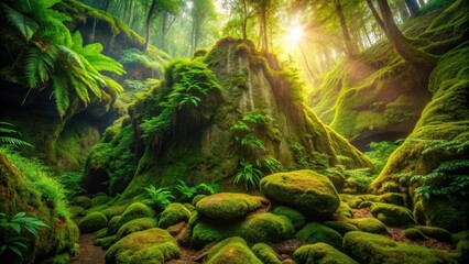 Sunlit Mossy Gorge A Lush, Verdant Valley with Sunbeams Filtering Through the Canopy