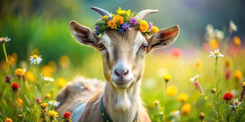A charming goat adorned with a vibrant floral crown, peacefully nestled amidst a field of blooming wildflowers, basking in the warm sunlight of a beautiful day.