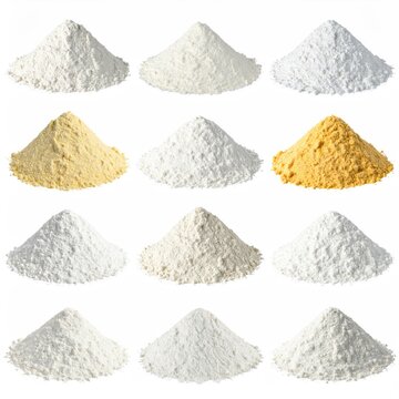 Various types of flour in piles, displayed against a white background.  Each pile shows a different color/shade of flour, from white to yellow/tan