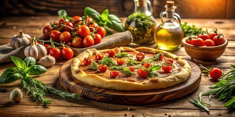 Artisan Pizza with Fresh Herbs and Cherry Tomatoes on Rustic Wooden Table