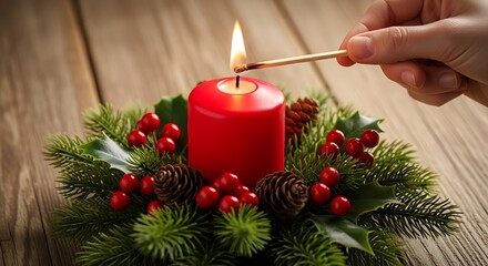 Lighting a Red Candle in a Festive Christmas Wreath.